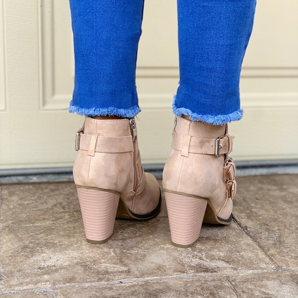 Taupe Distressed Buckled Block Heel Ankle Booties - Picture 4 of 4